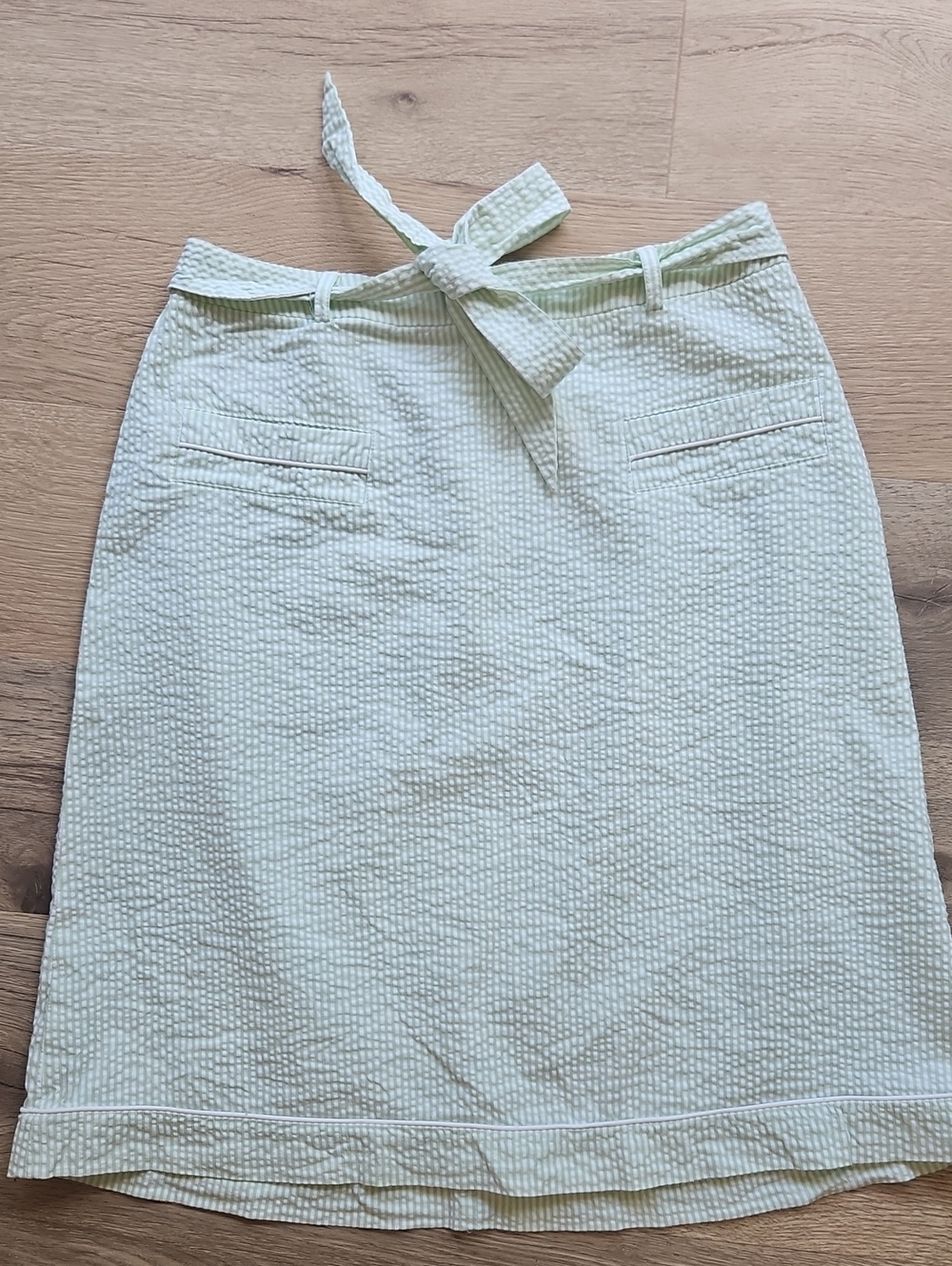 J.G. Hook Green Seersucker Skirt Size 8 Belted Preppy Coastal Midi Skirt